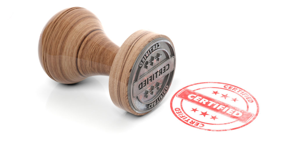 Accounting & Finance Certifications. CERTIFIED stamp. Wooden round rubber stamper and stamp with text certified isolated on white background. 3d illustration